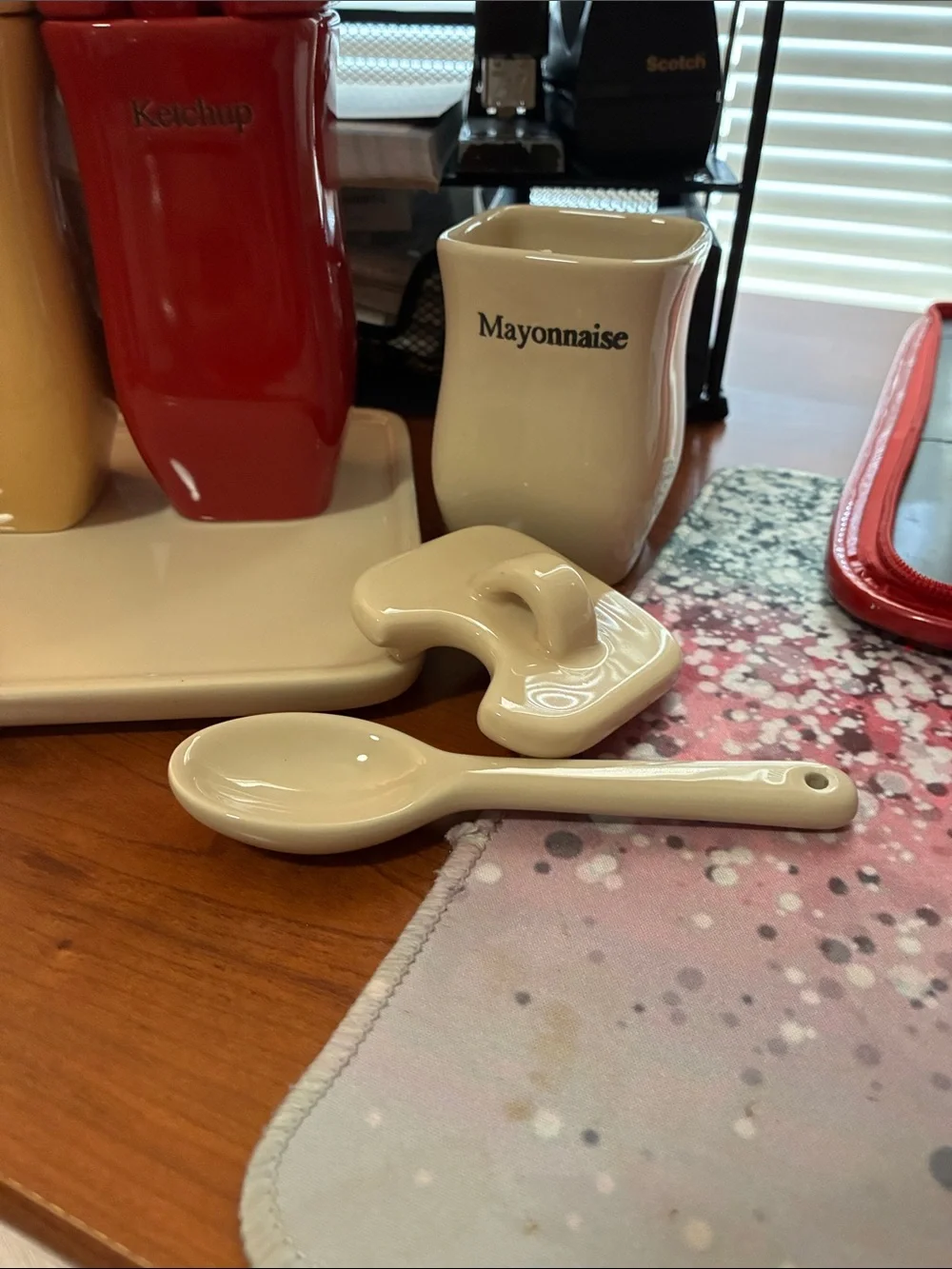 Longaberger Ceramic Condiment Set in Green, Cream, Yellow & Red. New, not used.